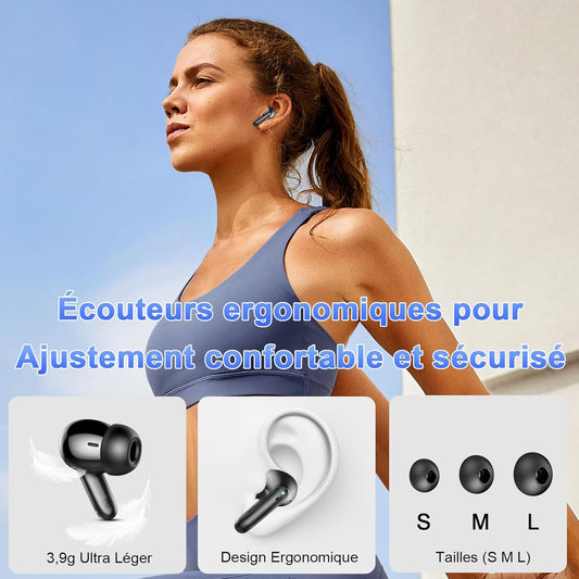 Ecouteurs sans fil Bluetooth 5.3 réduction de bruit affichage led - Minseh