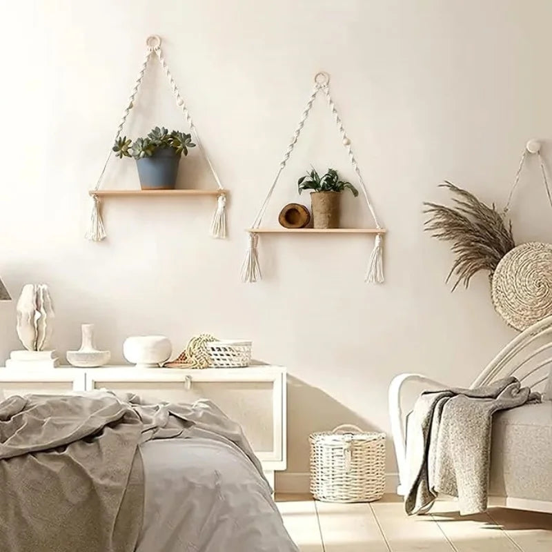 Étagères Murales Flottantes en Macramé et Bois Style Bohème - Minseh