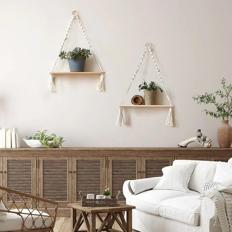 Étagères Murales Flottantes en Macramé et Bois Style Bohème - Minseh