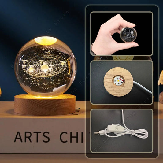 Boule de Cristal 3D Lumineuse – Lune, Saturne & Galaxie | Minseh