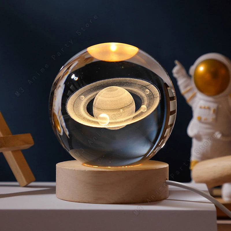 Boule de Cristal 3D Lumineuse – Lune, Saturne & Galaxie | Minseh