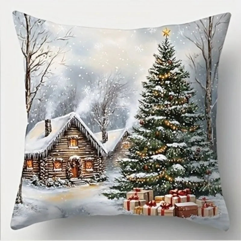 Housse de Coussin Festive Minseh™ – Motif Peinture à l’Huile Père Noël & Bonhomme de Neige, Idéal Salon & Canapé