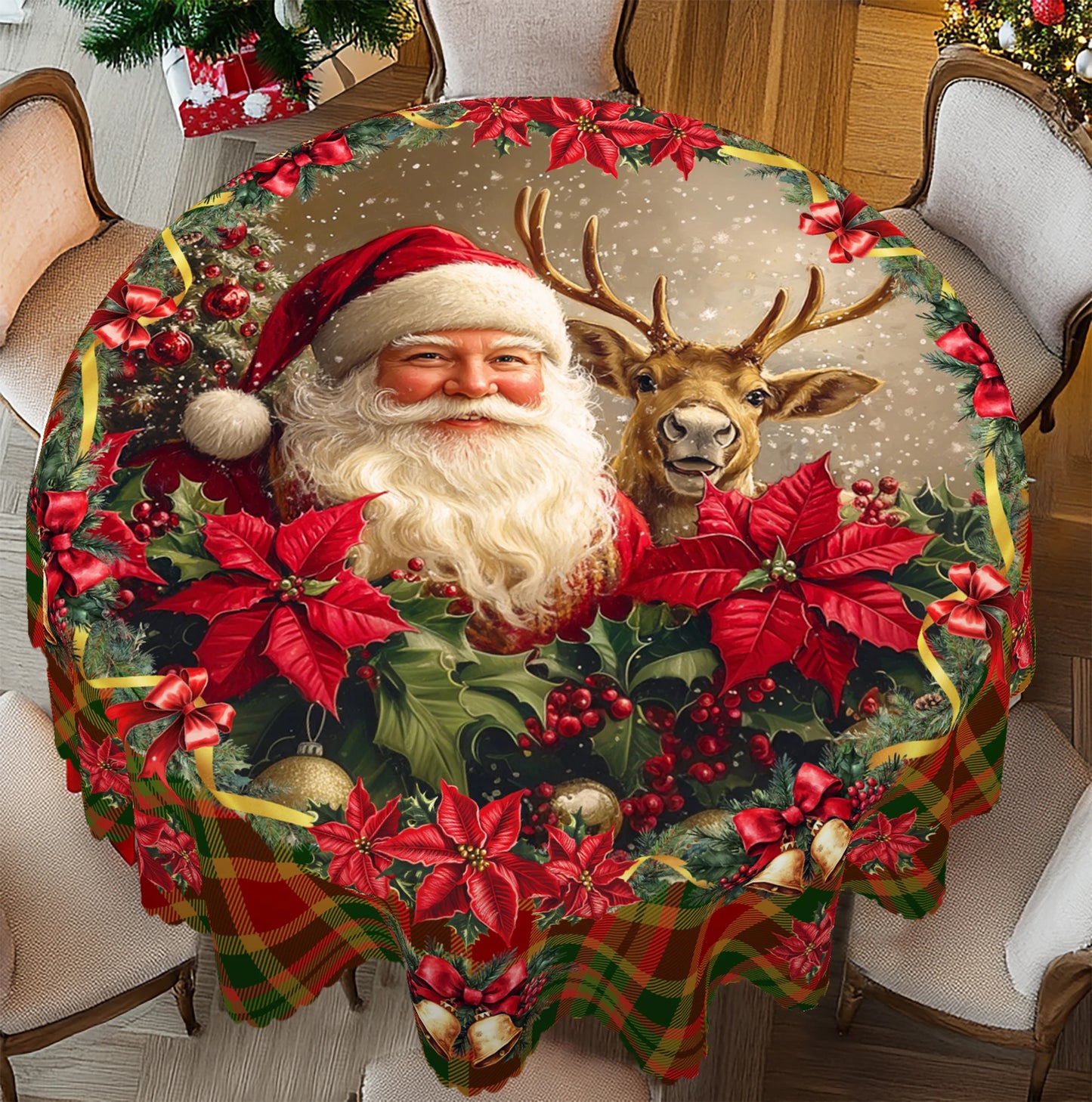 Nappe de Noël Minseh™ – Motifs Père Noël & Carreaux Rétro, Décoration de Table pour Fêtes et Nouvel An