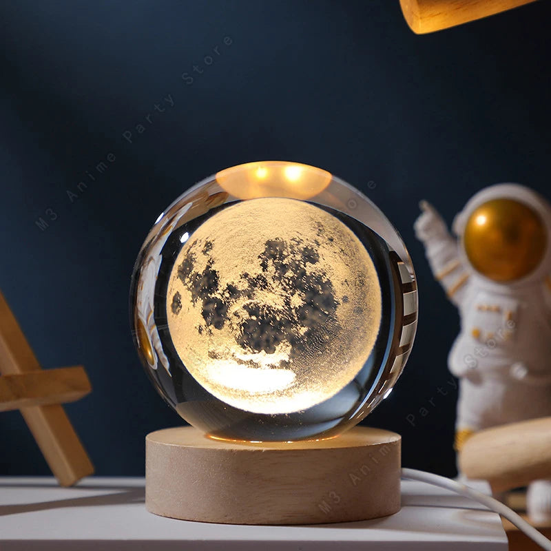Boule de Cristal 3D Lumineuse – Lune, Saturne & Galaxie | Minseh