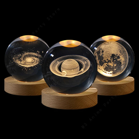 Boule de Cristal 3D Lumineuse – Lune, Saturne & Galaxie | Minseh