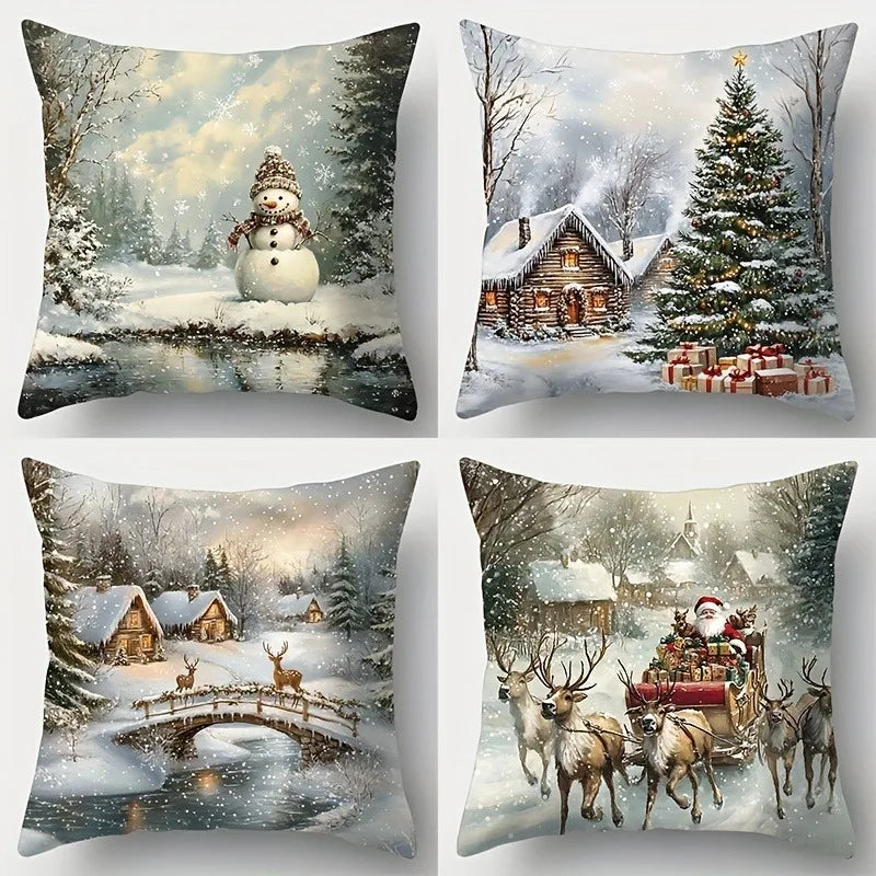 Housse de Coussin Festive Minseh™ – Motif Peinture à l’Huile Père Noël & Bonhomme de Neige, Idéal Salon & Canapé