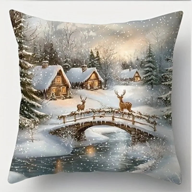 Housse de Coussin Festive Minseh™ – Motif Peinture à l’Huile Père Noël & Bonhomme de Neige, Idéal Salon & Canapé