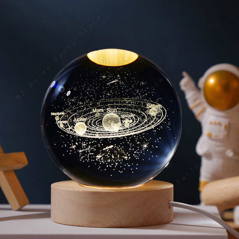 Boule de Cristal 3D Lumineuse – Lune, Saturne & Galaxie | Minseh