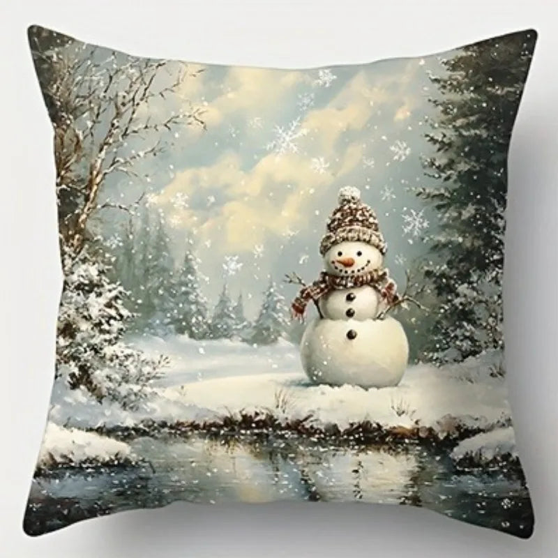 Housse de Coussin Festive Minseh™ – Motif Peinture à l’Huile Père Noël & Bonhomme de Neige, Idéal Salon & Canapé