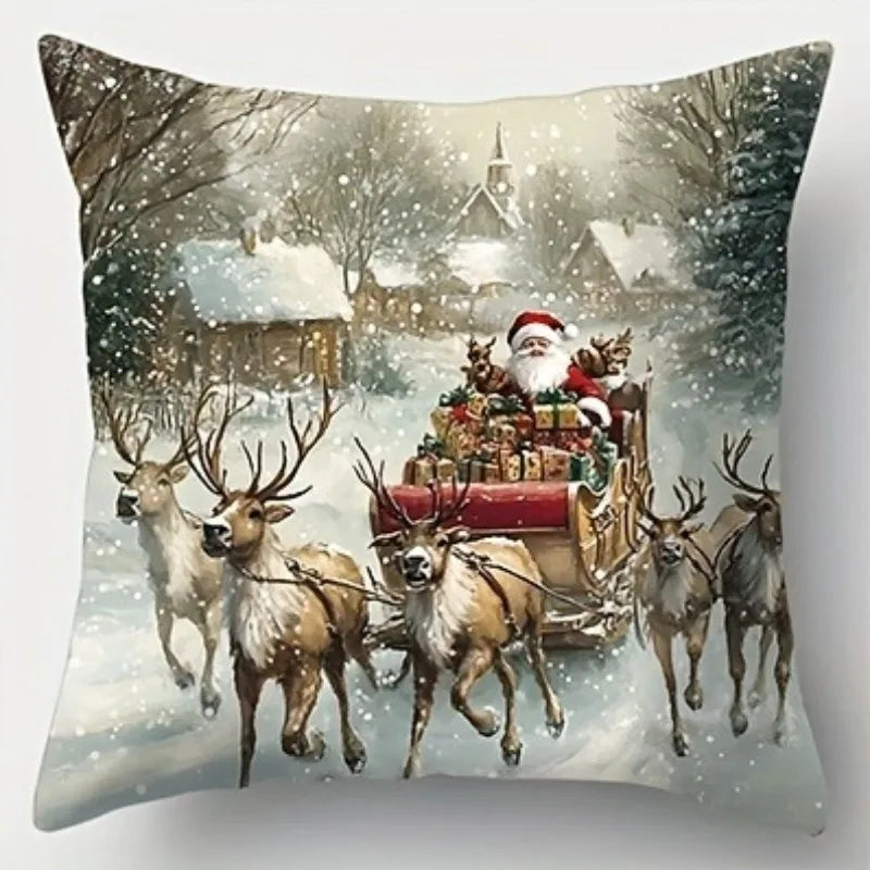 Housse de Coussin Festive Minseh™ – Motif Peinture à l’Huile Père Noël & Bonhomme de Neige, Idéal Salon & Canapé